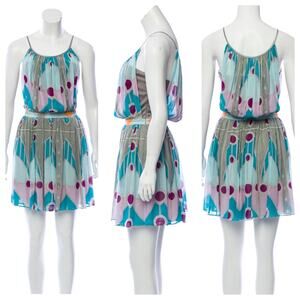 Mara Hoffman Chiffon Gather mini dress in Turquoise mirror print